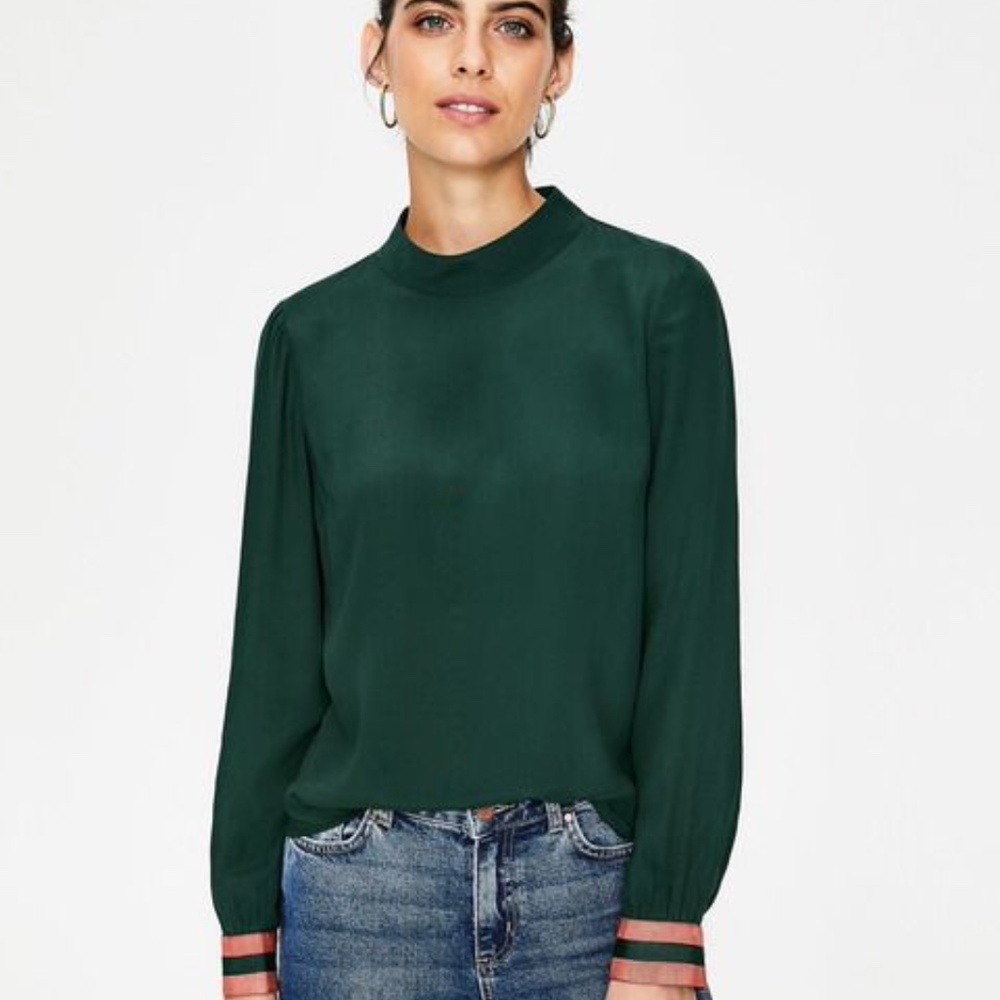 Boden Dark Green Mock-Neck Long-Sleeve Blouse with Striped Cuffs